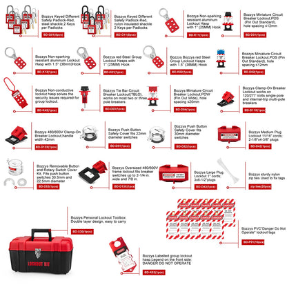BOZZYS Portable Lockout Tagout Kit - 39 Pack OSHA Compliant | Red Loto Locks to Prevent Accidental Startup | for Industrial Electrical Plug & Breakers Lock Out Tag Out
