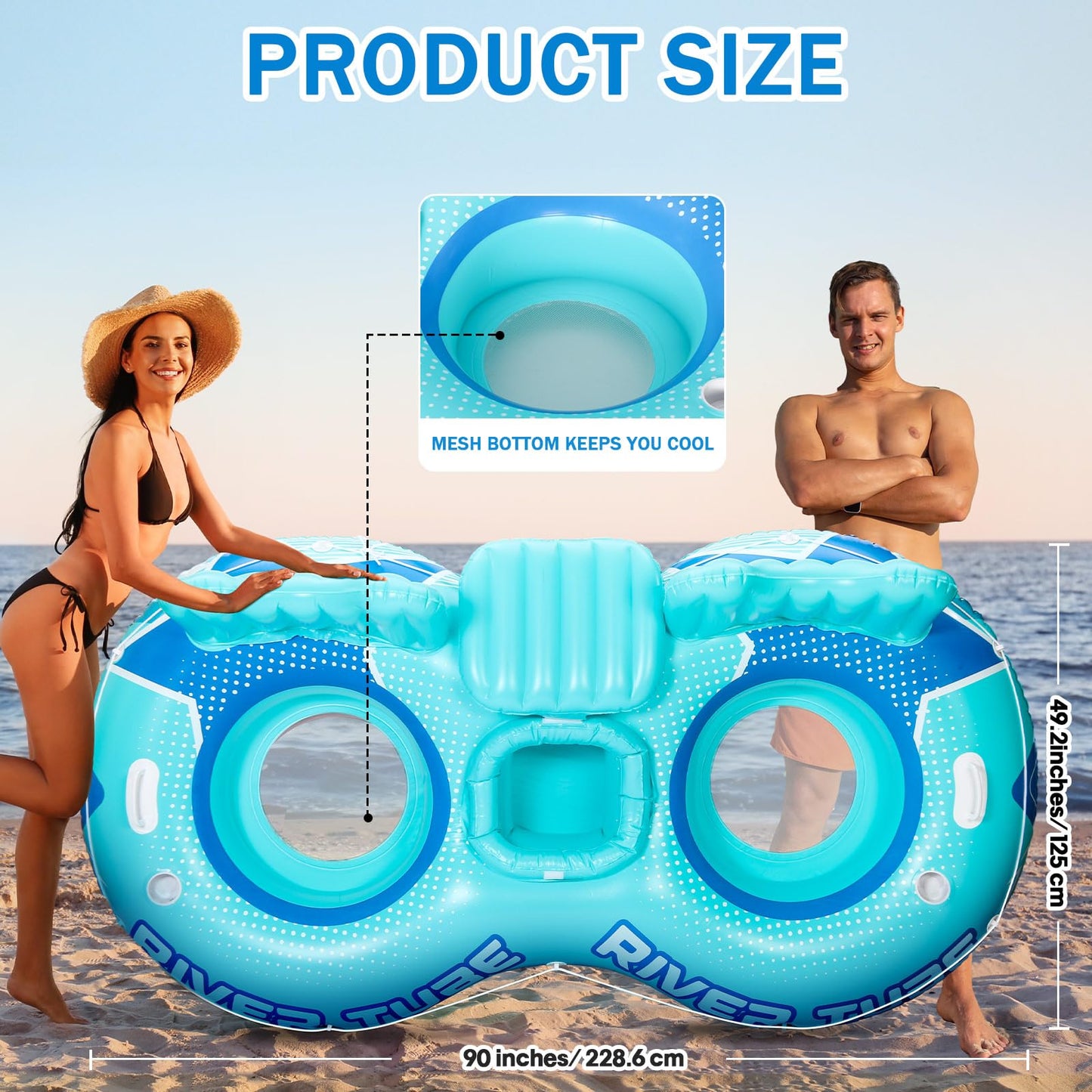 Glimin 3 Pcs Inflatable River Tube Float, 2 Person Heavy Duty Pool Float with Built in Cooler, Ergonomic Backrest and Cup Holders for Adults, Lake Water Tubes for Floating Summer Relaxation