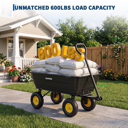 Garvee Poly Garden Dump Cart, Heavy Duty 600lbs Wheelbarrow Yard Cart Dump Wagon with 10”All Terrain Wheels, Garden Utility Wagon with Quick Release System& Convertible Handle Attach to ATV (Black)