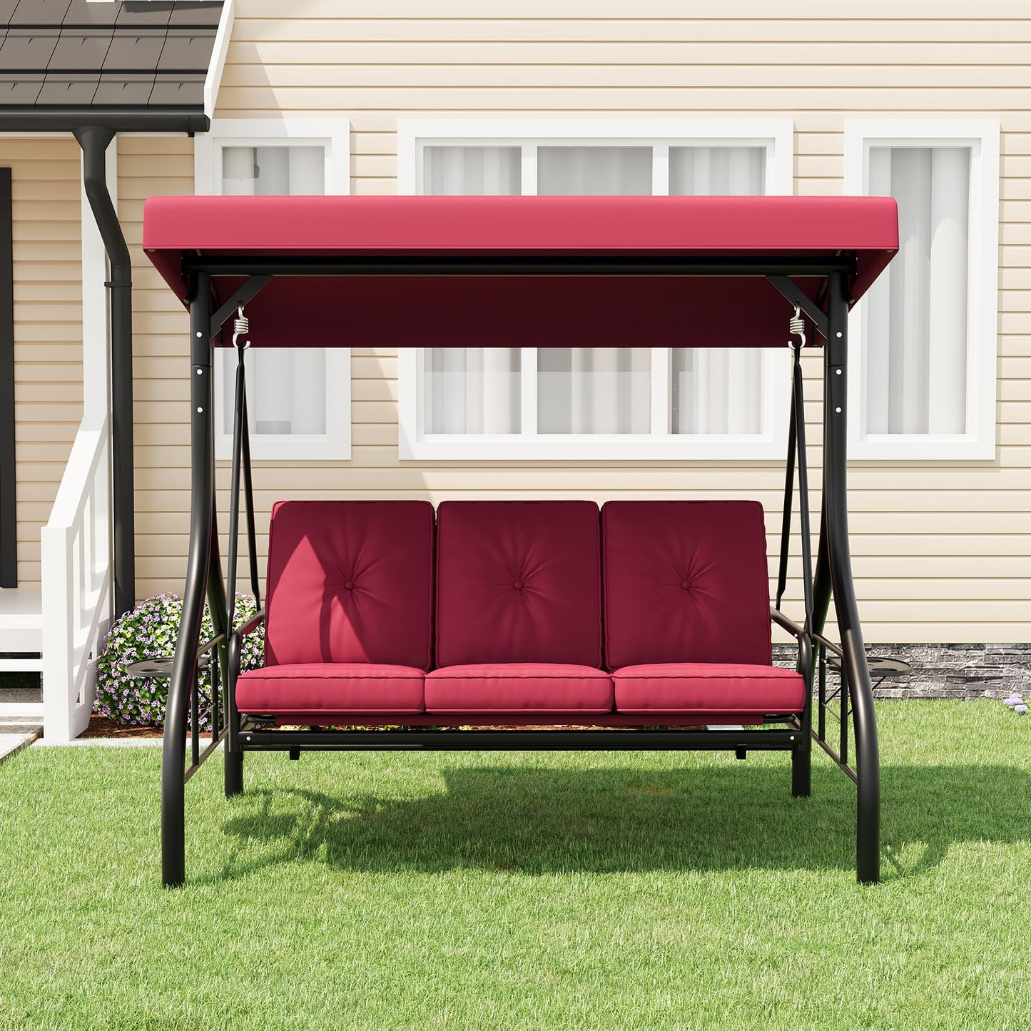 Garvee 3-Seat Outdoor Porch Swing with Adjustable Canopy, Convertible Patio Swing Bed with Stand, Thick Cushions & Cup Holders, Weather-Resistant Steel Frame for Backyard, Garden, Porch, Red