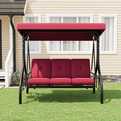 Garvee 3-Seat Outdoor Porch Swing with Adjustable Canopy, Convertible Patio Swing Bed with Stand, Thick Cushions & Cup Holders, Weather-Resistant Steel Frame for Backyard, Garden, Porch, Red