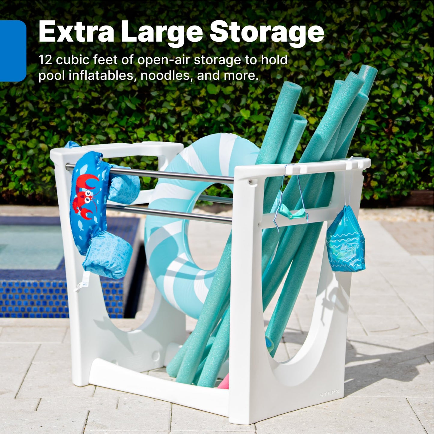 Step2 Vero Poolside Organizer, Outdoor/Indoor Waterproof Patio Furniture, Pool & Toy Storage, Made of Durable Plastic, White