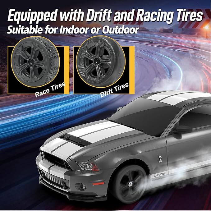 YONCHER RC Drift Car Remote Control Car for Kids Ford Mustang Shelby GT500 Officially Licensed 1:24 20KM/H 4WD with Lights Fast Racing Toy Car for Boys Girls Gray