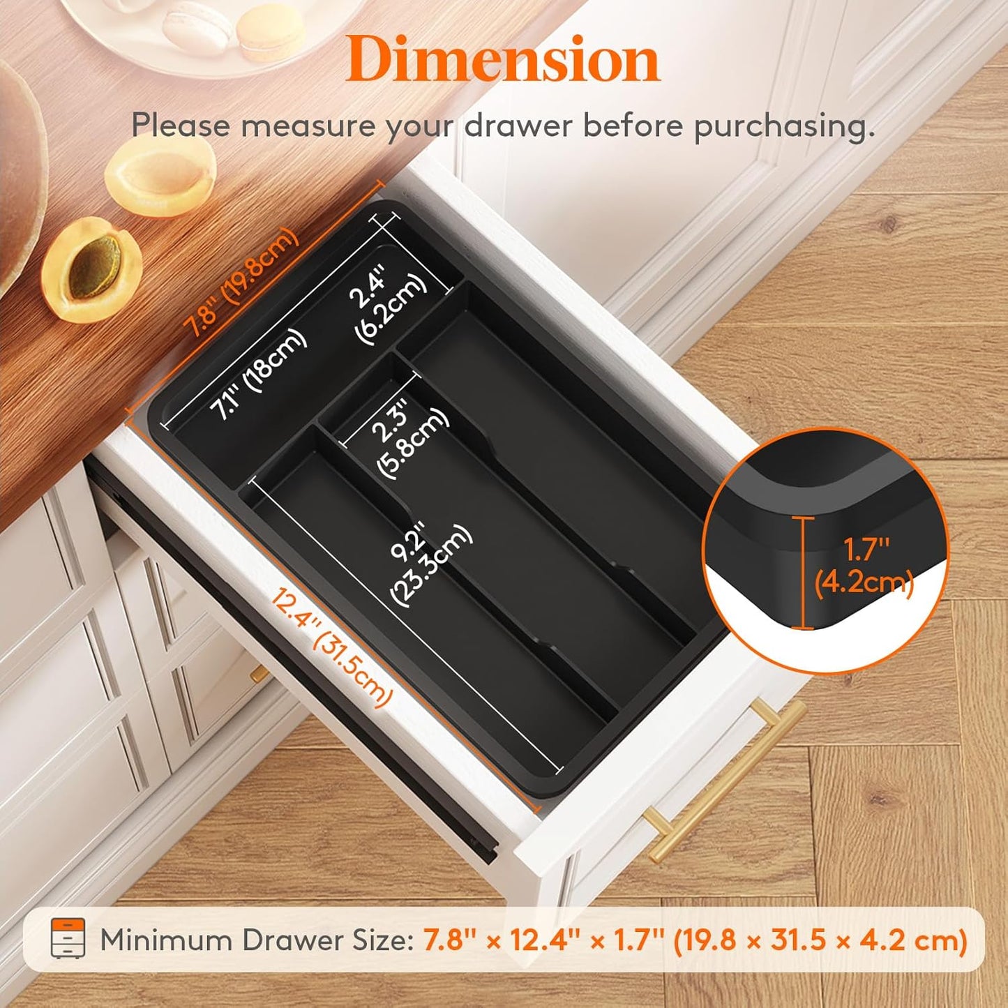 Lifewit Silverware Drawer Organizer Tray, Plastic Cutlery Storage for Kitchen, Flatware and Utensil Holder Divider for Spoons Forks Knives Tableware, 7.8 x 12.4", 4 Slots, Black