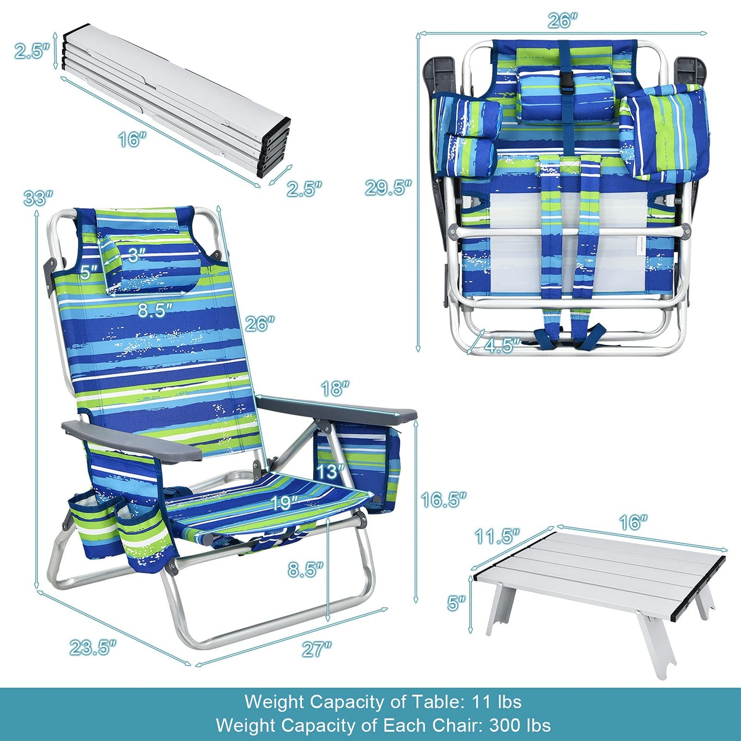 GYMAX Beach Chairs, Backpack Camping Chair with Armrest, Cooler Bag, Cup Holder, Towel Bar & Side Pockets, Sunbath Sling Tanning Lounge, Folding Layout Chair (with Table, Blue Stripe)