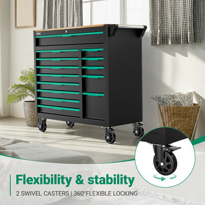 Griplier 14-Drawers Rolling Tool Chest with Wood Workbench,Brake Casters,Lock & Key,Heavy-Duty Steel Tool Cabinet Storage, for Home,Garbge or Workshop Use (14 Drawers)