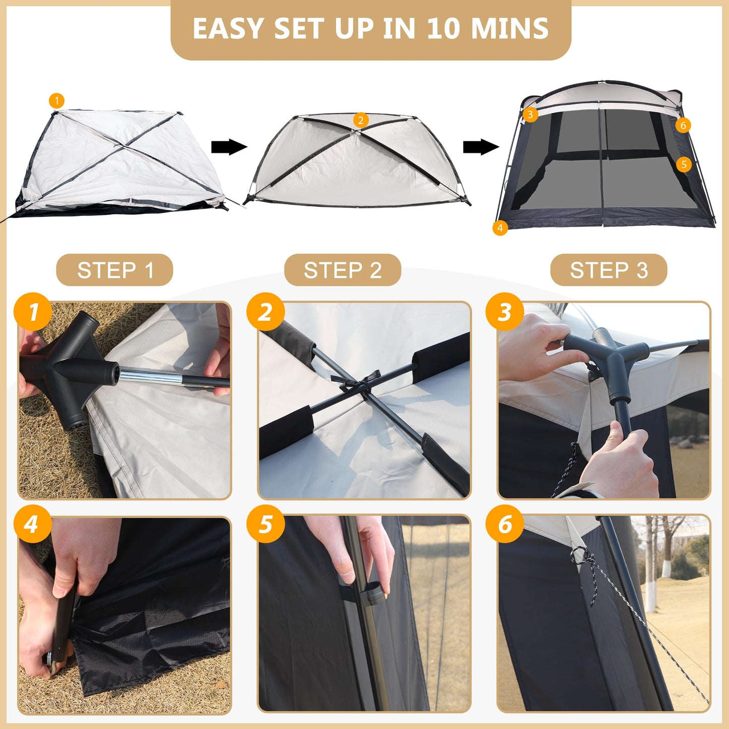 GREGIN Screen House Room 11x11 Ft Mesh Net Tent Canopy Shelter Gazebo, Easy Setup & Waterproof & Sunshade, Suitable for Camping Trip, Backyard, Beach, Picnic - Sand