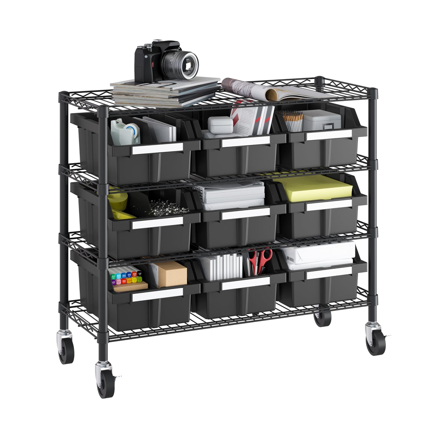 Seville Classics Heavy Duty NSF Bin Rack Solid Steel Wire Shelving Storage Unit, Patented Organizer for Garage, Warehouse, Office, Restaurant, Classroom, Kitchen, Graphite, 4-Tier includes 9 Bins
