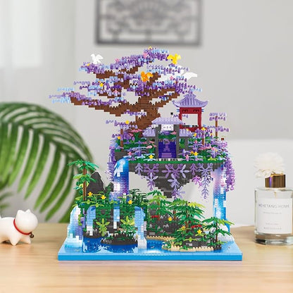 Chinese Moon Palace Pavilion Building Blocks Set - Micro Miniature Bonsai Tree House with String Lights and Flowers for Adults Teens 14+ (4574 Pieces)