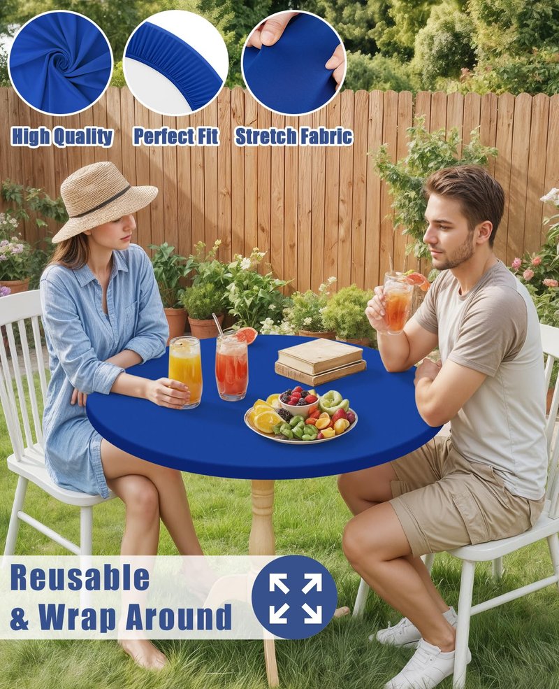 Moosfor Round Spandex Tablecloth, Elastic Fitted Waterproof Tablecloths for 25"-30" Tables, Stretch Washable Picnic Table Cover for Camping, Dining, Indoor and Outdoor, Blue