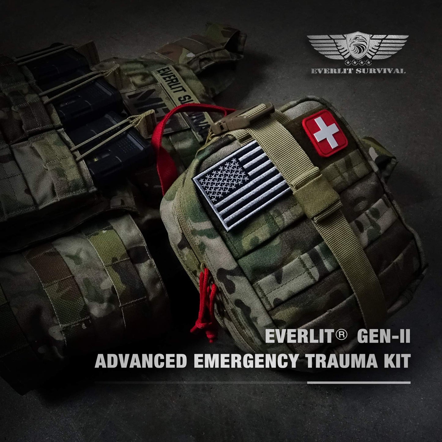 EVERLIT Advanced Emergency Trauma Kit, CAT GEN-7 Tourniquet Mil-Spec Nylon Laser Cut Pouch with 36" Splint, Military Combat Tactical IFAK for First Aid Response Bleeding Control (Multicam)