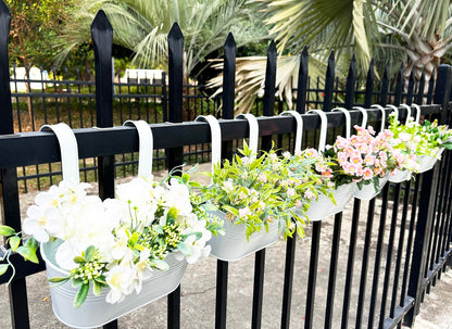 Joyfernal 10" Hanging Flower Pots, Pack of 6 White Metal Outdoor Patio Balcony Planter, Railing Planters Fence Pot with Detachable Hook & Drainage Hole for Small Plants (White, 6Pcs)
