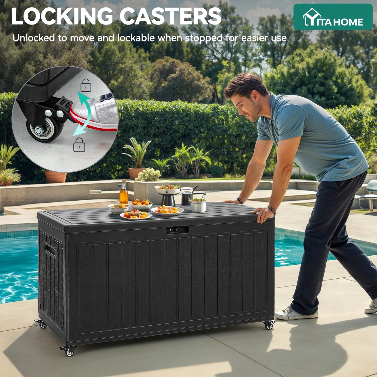 YITAHOME 90 Gallon Outdoor Storage Box with 6 Wheels, Large Double-Wall Resin Deck Box, Lockable Waterproof Outside Storage for Patio Furniture, Cushion, Pool Float, Garden Tool, Black