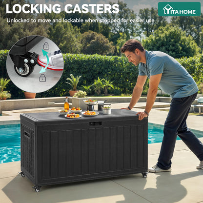 YITAHOME 90 Gallon Outdoor Storage Box with 6 Wheels, Large Double-Wall Resin Deck Box, Lockable Waterproof Outside Storage for Patio Furniture, Cushion, Pool Float, Garden Tool, Black