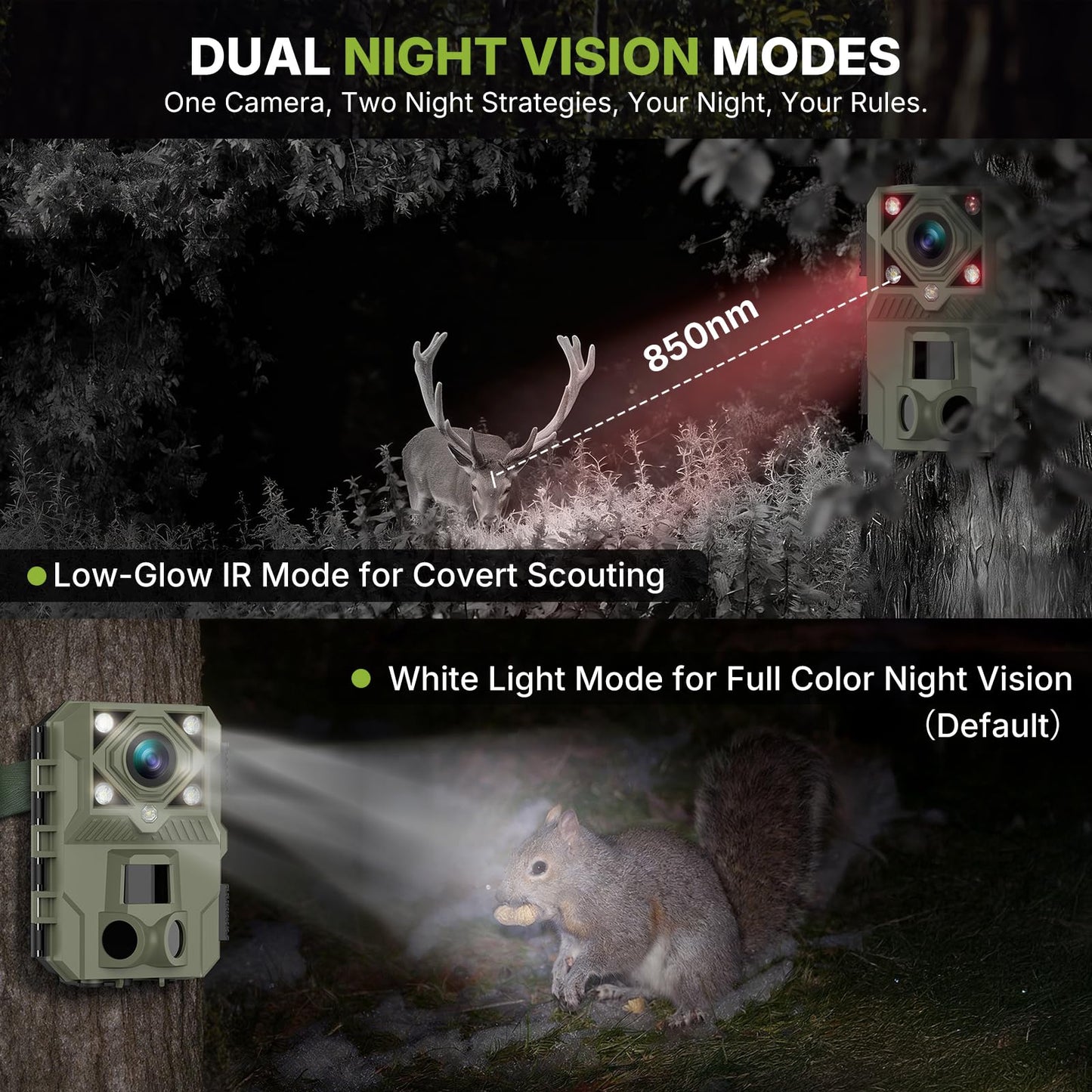 WOSPORTS Night Full Color Trail Camera,5K 60MP 0.1s Trigger Game Camera with Clear 100ft,Dual Mode(Low-Glow IR & White Light),IP66 Trail Cam for Wildlife Monitoring & Security, H.264 MP4 Video
