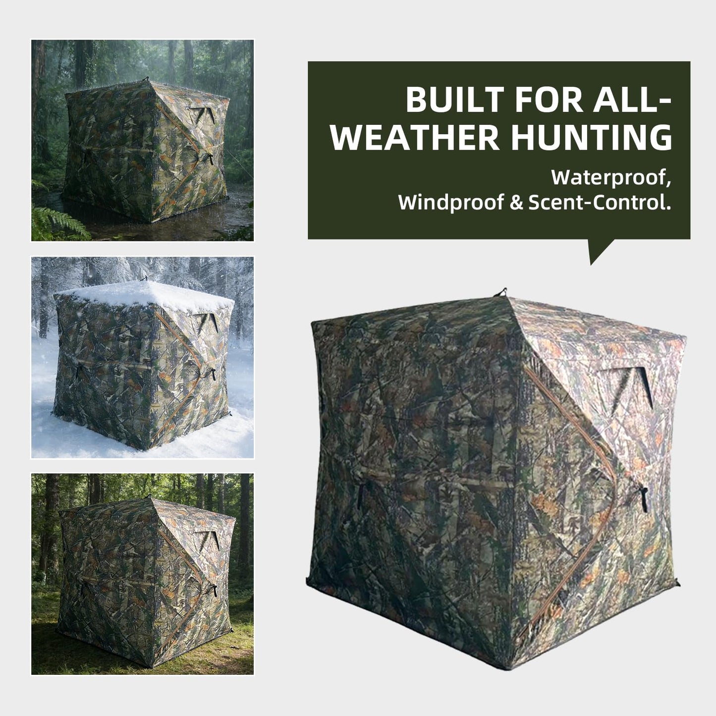 2-3 Person Ground Blind, 270° One-Way See Through Hunting Blind, Heavy Duty 600D 3000mm Waterproof Oxford, Silent Slide Windows & Zippers, 4-Season Portable Stealth Blind for Deer & Turkey