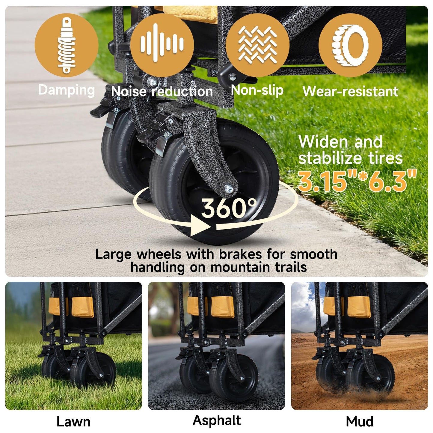 QEZER 56" Large Collapsible Folding Wagon with Tailgate and Brake, 600LBS Heavy Duty Utility Cart, 250L Large All-Terrain Beach Wagon for Camping Garden Shopping Grocery Sports (Yellow, 250L)