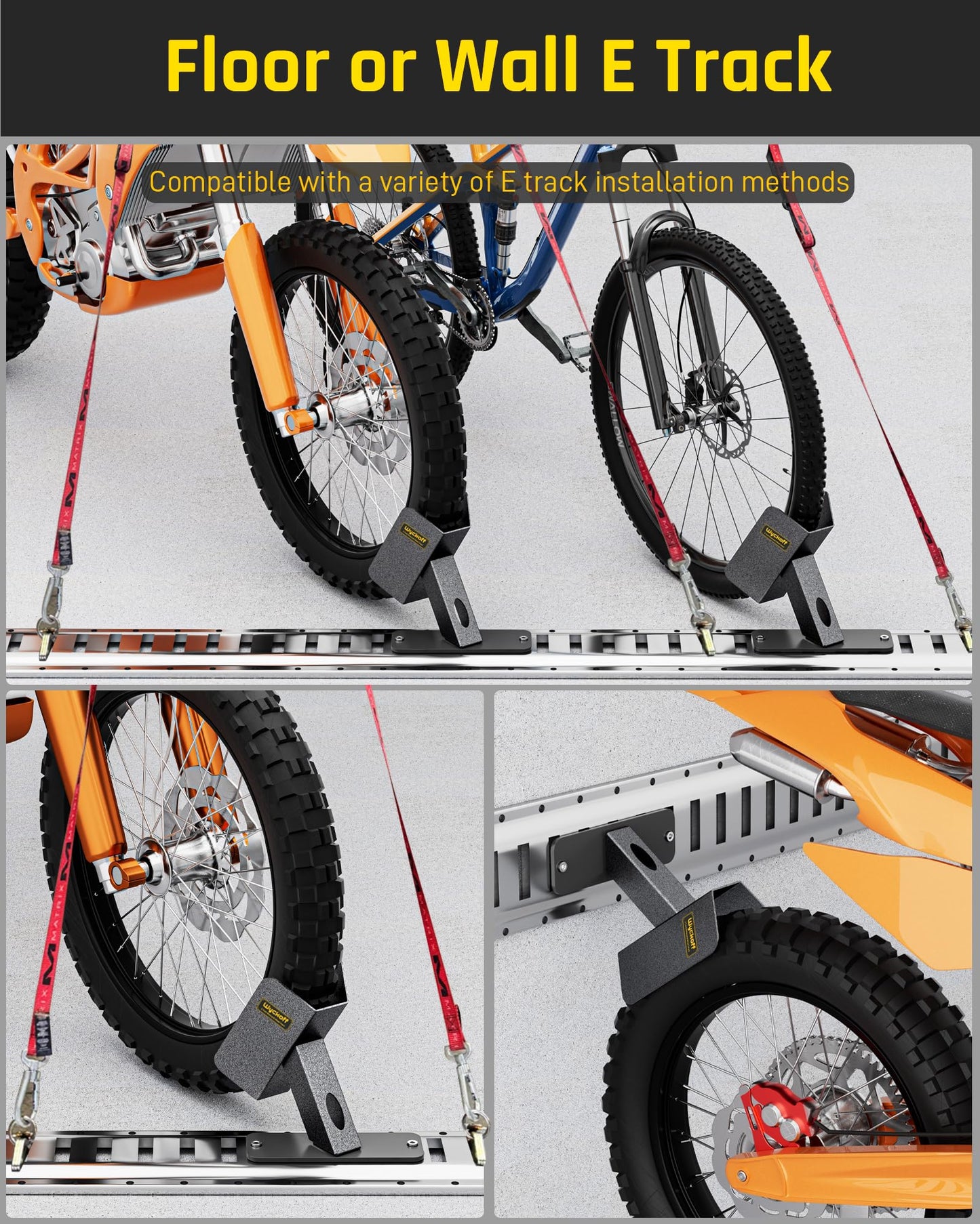 Wyckoff 4-Pack E-Track Dirt Bike Wheel Chock with Track Clip, 360° Swivel, Under 1-Minute Install Remove, Fits Floor or Wall E-Track, Heavy-Duty Accessory for Trailers, Dirt Bikes & Bicycles (4-Pack)