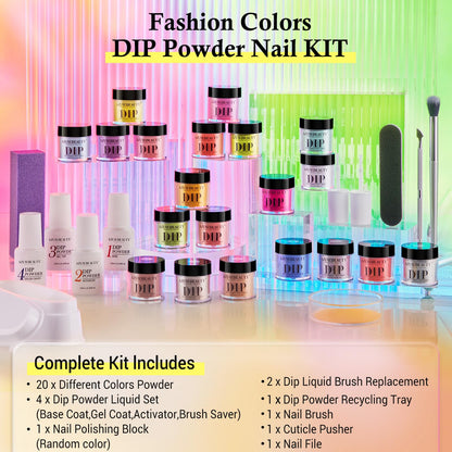 AZUREBEAUTY 31 Pcs Dip Powder Nail Kit 20 Colors Glitter Nude Brown Pink White Gray Dip Powder Liquid Set with Top/Base Coat Activator for French Nails Art Manicure DIY Salon Women Valentine's Gift