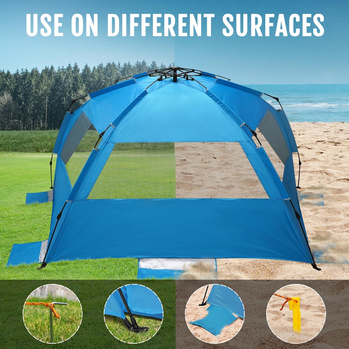 WhiteFang Deluxe XL Pop Up Beach Tent Sun Shade Shelter for 3-4 Person, UV Protection, Extendable Floor with 3 Ventilating Windows Plus Carrying Bag, Stakes, and Guy Lines (Solid Blue)