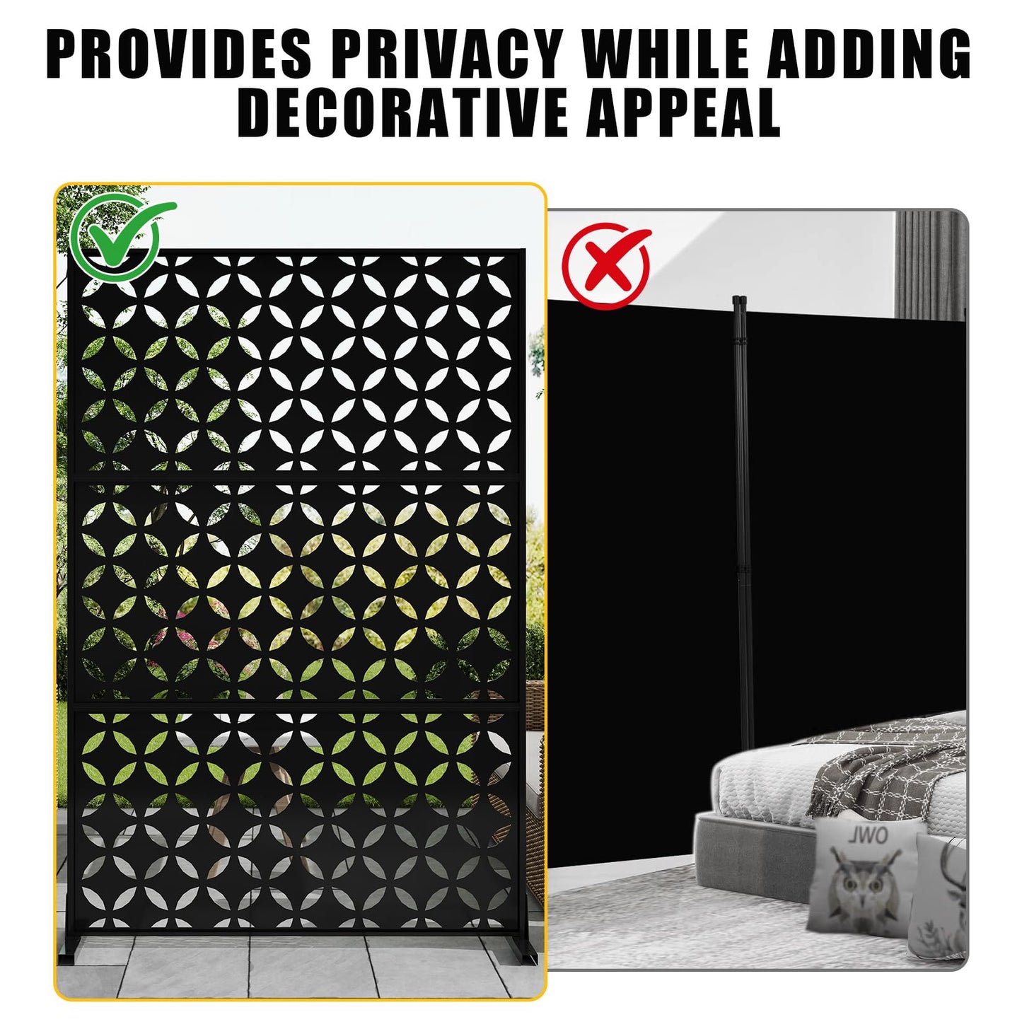 72" h × 47" w Outdoor Privacy Screen, Laser Cut Metal Garden Divider Panel with Tropical Leaf Design, Freestanding Weatherproof Privacy Fence for Patio Deck Backyard Balcony