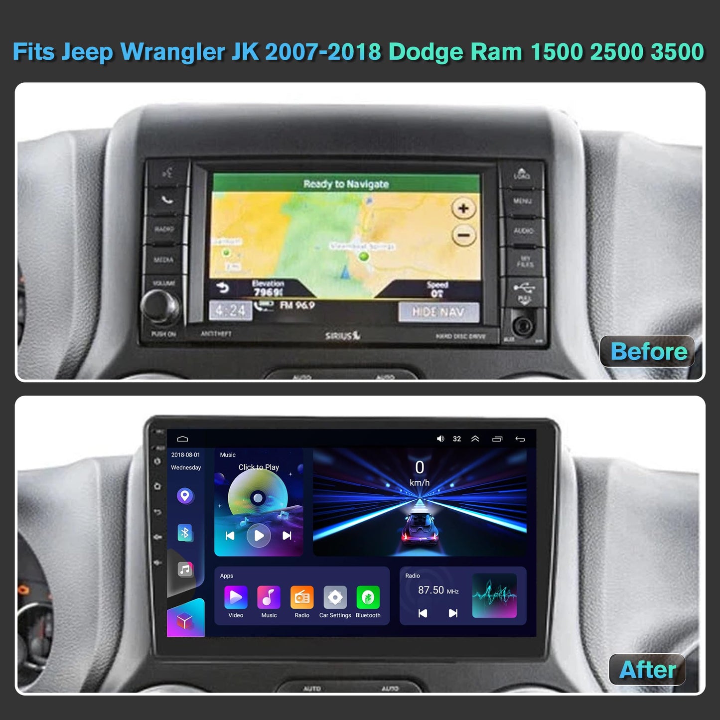 4G+64G Android 13 Car Radio for Jeep Wrangler JK 2007-2018 Dodge Ram 1500 2500 3500,10" Touch Wireless Carplay&Android Auto Support Touchscreen Radio Upgrade with AHD Camera,GPS Navigation,SWC,WiFi