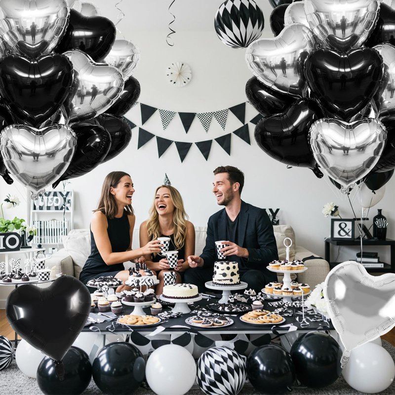 TONIFUL 30Pcs 18 Inch Black Silver Balloons Black Silver Heart Shape Foil Mylar Banners Decoration for Birthday Valentine's Day Wedding Bridal Shower Anniversary Engagement Party Supplies