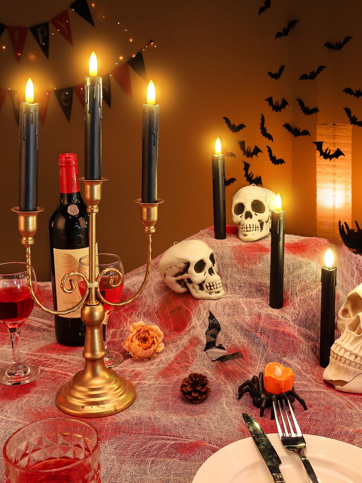 Black Halloween Flameless Candles with Timer - Wax Drip LED Flickering Taper Candlesticks Battery Operated, Smokeless Unscented for Fireplace Table School Bar Halloween Decor, 6 Pack