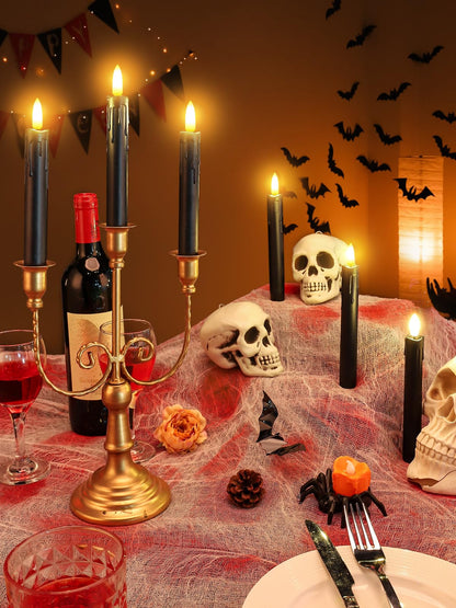 Black Halloween Flameless Candles with Timer - Wax Drip LED Flickering Taper Candlesticks Battery Operated, Smokeless Unscented for Fireplace Table School Bar Halloween Decor, 6 Pack