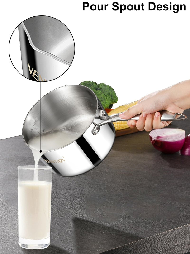 VENTION Tri-Ply Stainless Steel 1 Quart Saucepan with Lid, Bright Small Sauce Pan with Pour Spout, Small Pots for Cooking