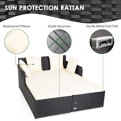 COSTWAY Outdoor Patio Rattan Daybed, Sponge Cushioned Loveseat Sofa with 4 Pillows, Wicker Furniture Sunbed for Balcony, Courtyard (Beige)