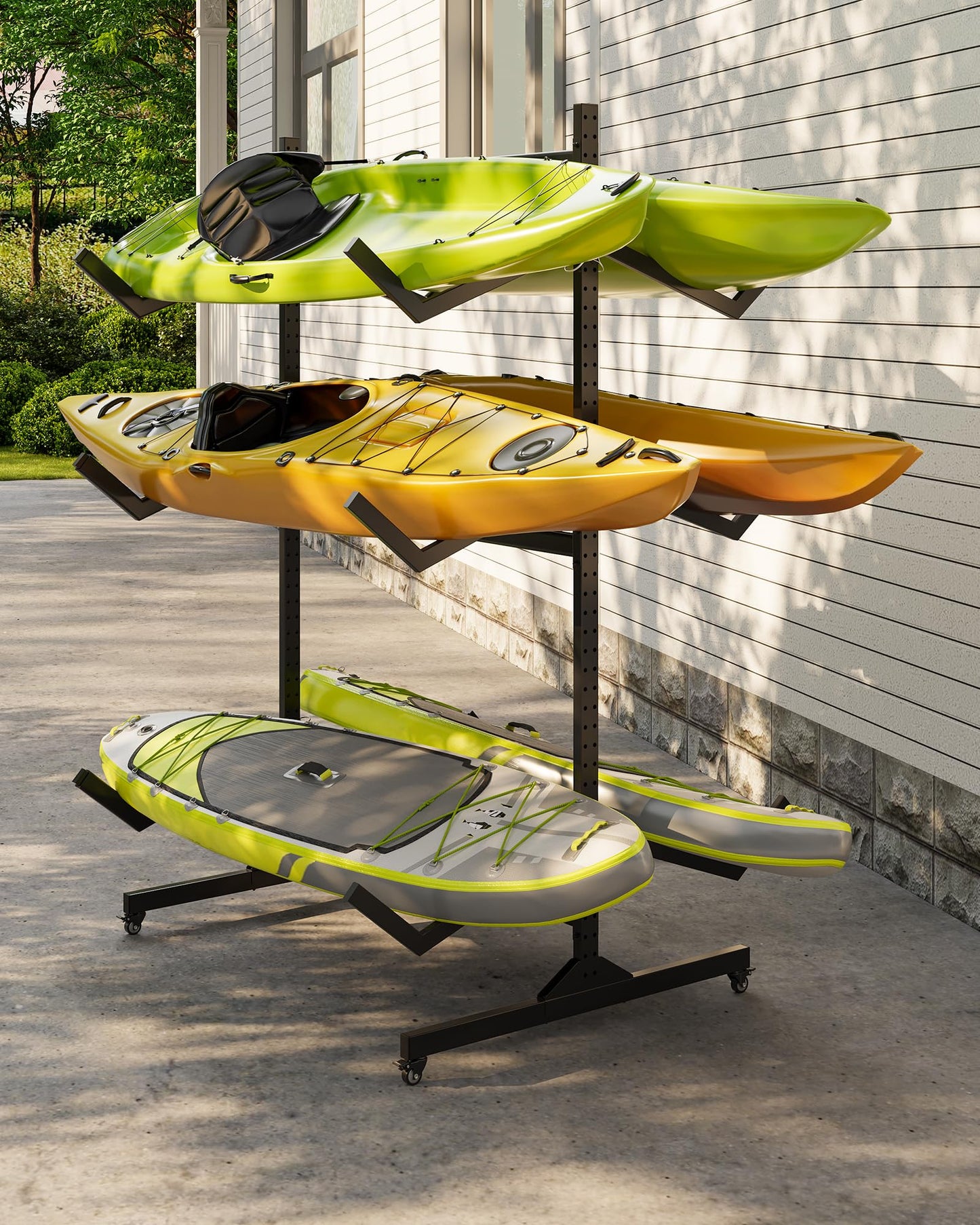 ActiveTrail Freestanding Kayak Storage Rack for 6 Kayaks with Wheels, Heavy-Duty Steel Outdoor Kayak, Canoe & SUP Rack with Hanging Straps for Garage, Dock & Backyard