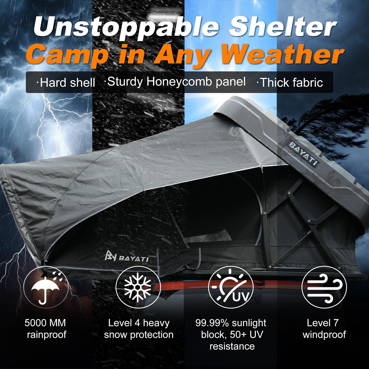 Bayati Rooftop Tent Hard Shell, Easy Set Up Pop Up Large Tent for 2-3 Person & Family Camping, Windproof Waterproof UV-Resistant Blackout Privacy 4 Season Tents for Truck, Jeep, SUV, Van, Trailer
