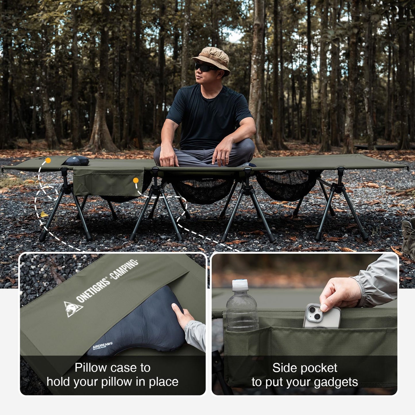 ONETIGRIS SUPRATIROS Extra Large Camping Cot, Height Adjustable Oversized Sleeping Cot with Extending Legs for Camping, Car Trips, Truck, Beach, Office Nap, Sturdy Supports Up to 400lbs (Ranger Green)