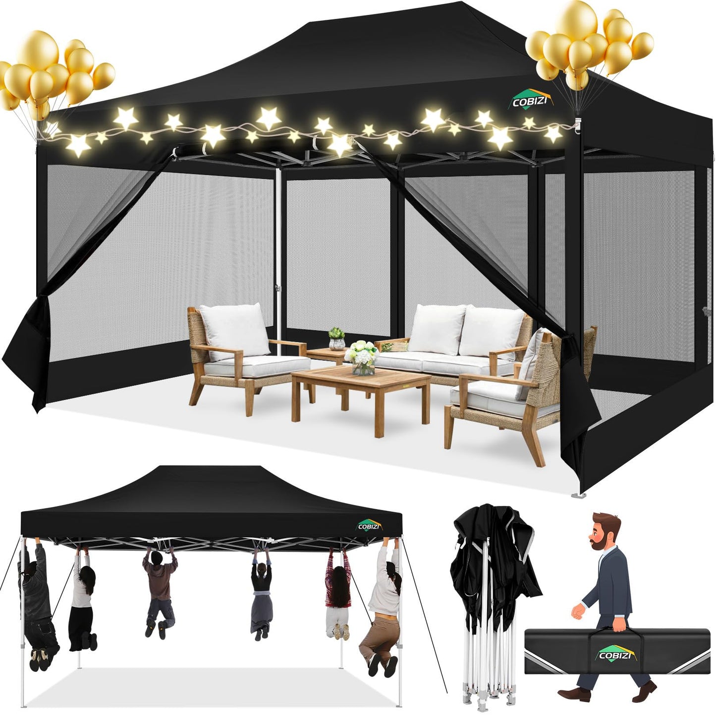 COBIZI 10x15 Canopy Tent with 4 Sidewalls,Heavy Duty Pop up Canopy with Mosquito Netting,Easy up Screen Tent for Parties Wedding Patio with Handbag,Black
