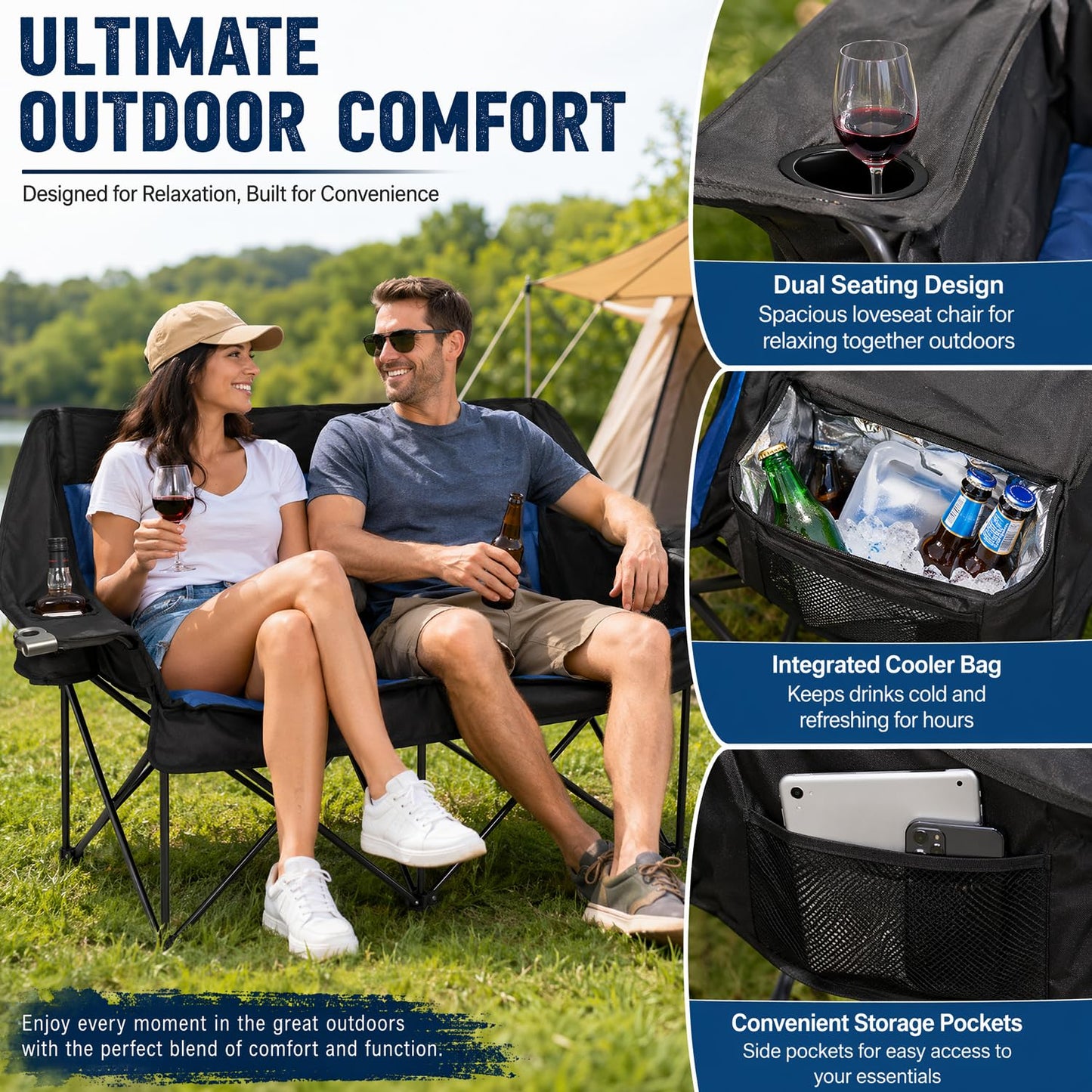 Double Camping Chairs for Adults Folding Loveseat, Heavy Duty Oversized 2 Person Camping Couch Outdoor Portable Folding Chair for Lawn, Patio, Beach