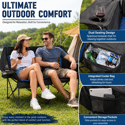 Double Camping Chairs for Adults Folding Loveseat, Heavy Duty Oversized 2 Person Camping Couch Outdoor Portable Folding Chair for Lawn, Patio, Beach