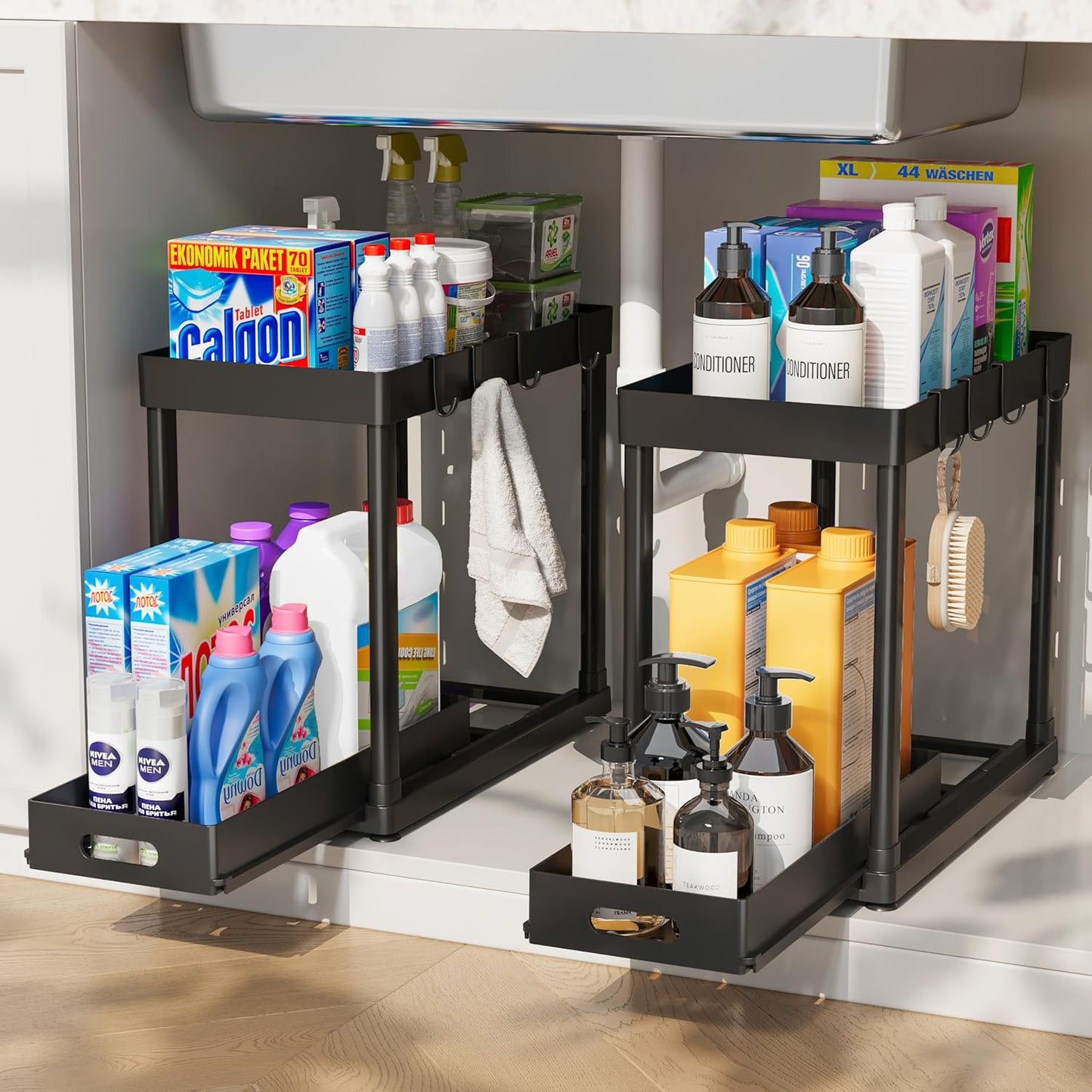 Skiennix Pull-Out Storage Organizers - Multi-Purpose Under Sink Bathroom & Kitchen Set | 2 Pack, Black