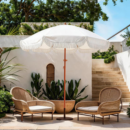 Jihfmo 7.3ft Boho Beach Umbrella with Integrated Sand Anchor & Reinforced 8mm Ribs – Heavy Duty Windproof Fringe Patio Umbrella, UPF 50+ Sun Shade with Tilt Mechanism & Carry Bag for Outdoor, Garden, Seaside (Cream/White)