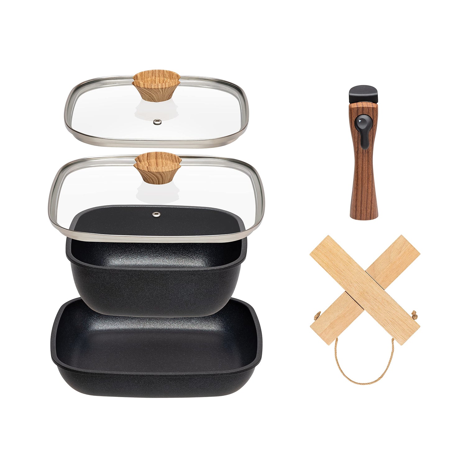 IRIS USA Non Stick Cast Aluminum Fry Pans with Removable Handles and Collapsible Wood Trivet - 6 Piece Kitchen Cookware Sets, Square
