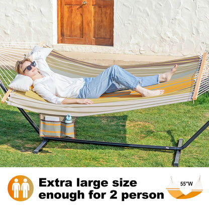 Gafete Waterproof Double Hammock with Stand for Outside Heavy Duty, 2 Person 55'' Large Quick Dry Textilene Hammocks with Hardwood Spreader Bar, Pillow, Pockets, for Outdoor, 475lbs Capacity (Coffee)