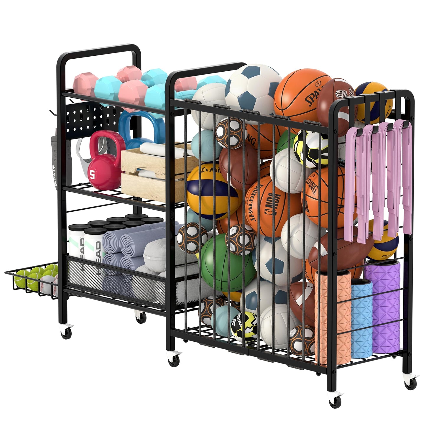 DUDUXI Sports Equipment Garage Organizer,Garage Ball Storage Rack for Sports with Wheels-Upgraded 3 Layers Organizer Rack Outdoor Basketball Racks for Balls with Holder and Hooks (Deep Black)