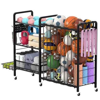 DUDUXI Sports Equipment Garage Organizer,Garage Ball Storage Rack for Sports with Wheels-Upgraded 3 Layers Organizer Rack Outdoor Basketball Racks for Balls with Holder and Hooks (Deep Black)