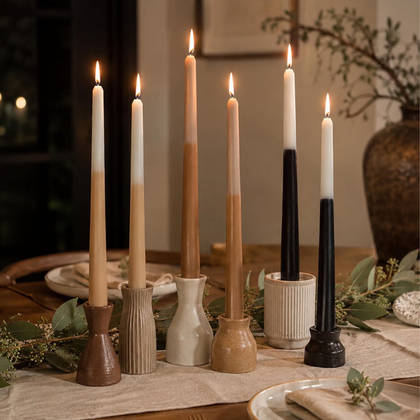 10 Inch Taper Candles Set of 6, Handmade Unscented Candle Stick Brown Beige Black Color Block Dinner Candles for Candlestick Holders, Wedding Table Centerpieces
