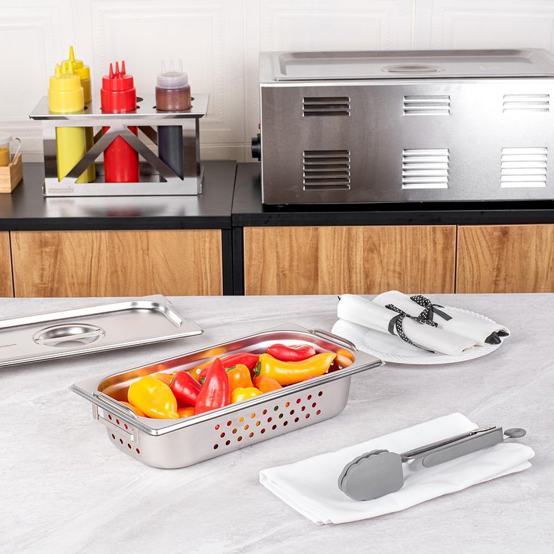 Restaurantware One Third (1/3rd) Perforated Steam Table Pan - 2.5" Deep - Collapsible Handles - Anti Jam - Commercial Grade Stainless Steel - 1ct Box - Met Lux