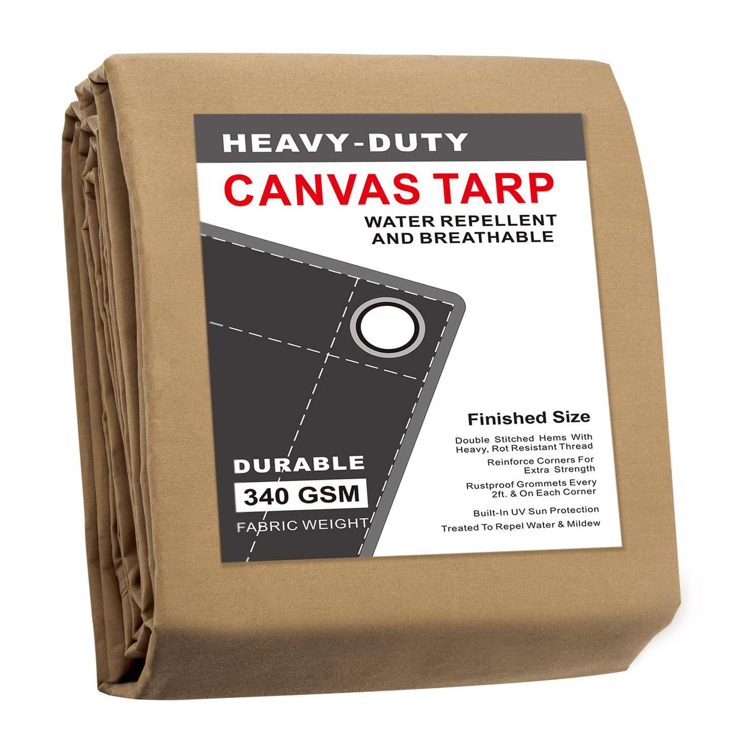 CARTMAN Finished Size 12x20 Feet Tan Canvas Tarp with Rustproof Grommets, 12 Oz Heavy Duty Multipurpose Tarpaulin Cover for Canopy Tent, Roof, Camping, Woodpile