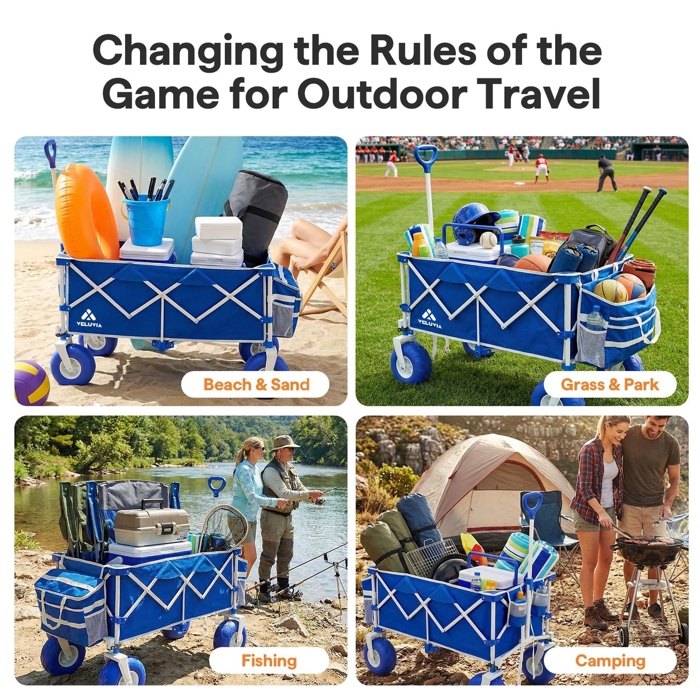 VELUVIA Beach Wagon with Balloon Wheels for Sand - 450LBS Heavy Duty Foldable All Terrain Wagon with 9" Balloon Tires- Collapsible Beach Dolly with Adjustable Handle & Cooler Bag for Beach - Blue