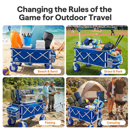 VELUVIA Beach Wagon with Balloon Wheels for Sand - 450LBS Heavy Duty Foldable All Terrain Wagon with 9" Balloon Tires- Collapsible Beach Dolly with Adjustable Handle & Cooler Bag for Beach - Blue