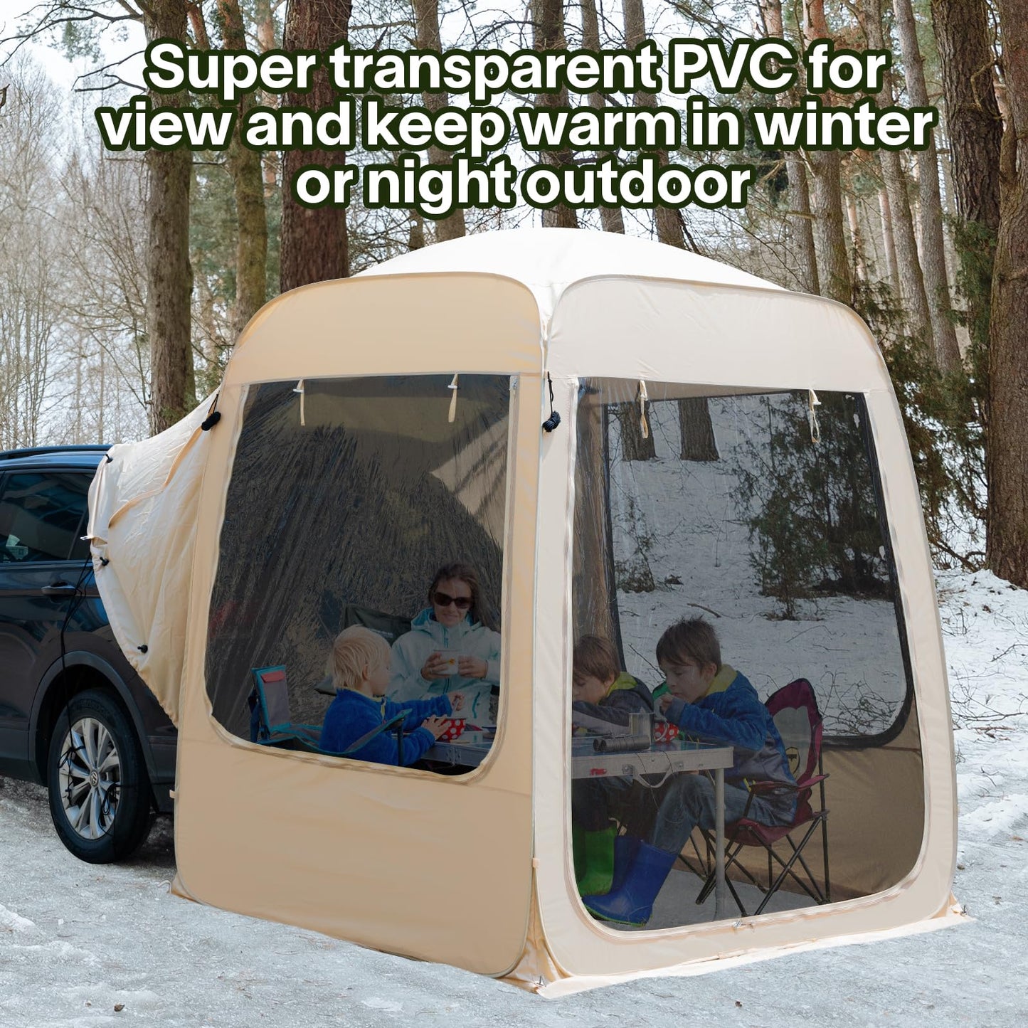 EighteenTek SUV Tent Attachment for Camping with Mesh Walls and PVC - 5 Person Car Cabana - All Weather Proof Pod Shelter Pop Up Clear View Tailgate Tent for Car SUV Van, 7’X7’X7.2’H
