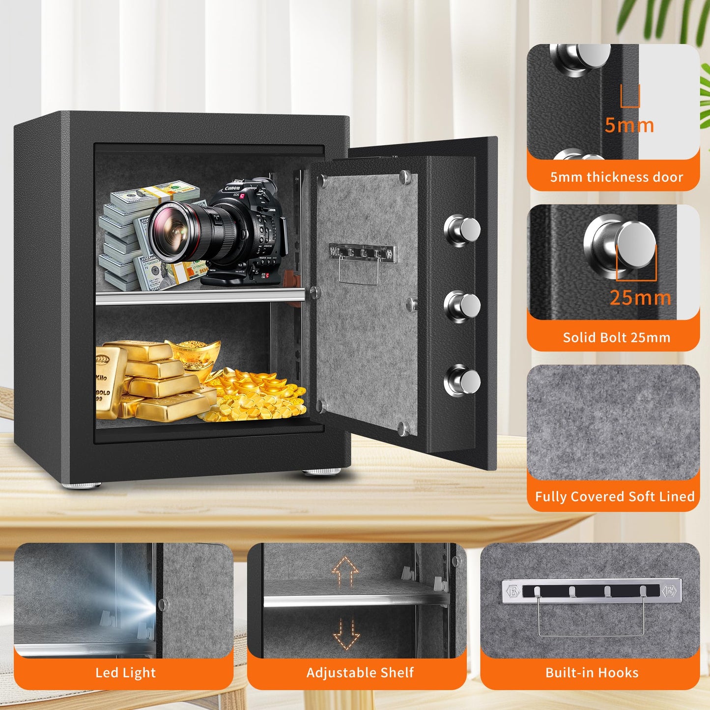 HSGCJS Biometric Fingerprint Safe, Security Safes with full Digital Keypad, Induction Light and Soft Lining, Home Box for Money, Jewelry and Documents -1.93 Cubic Feet